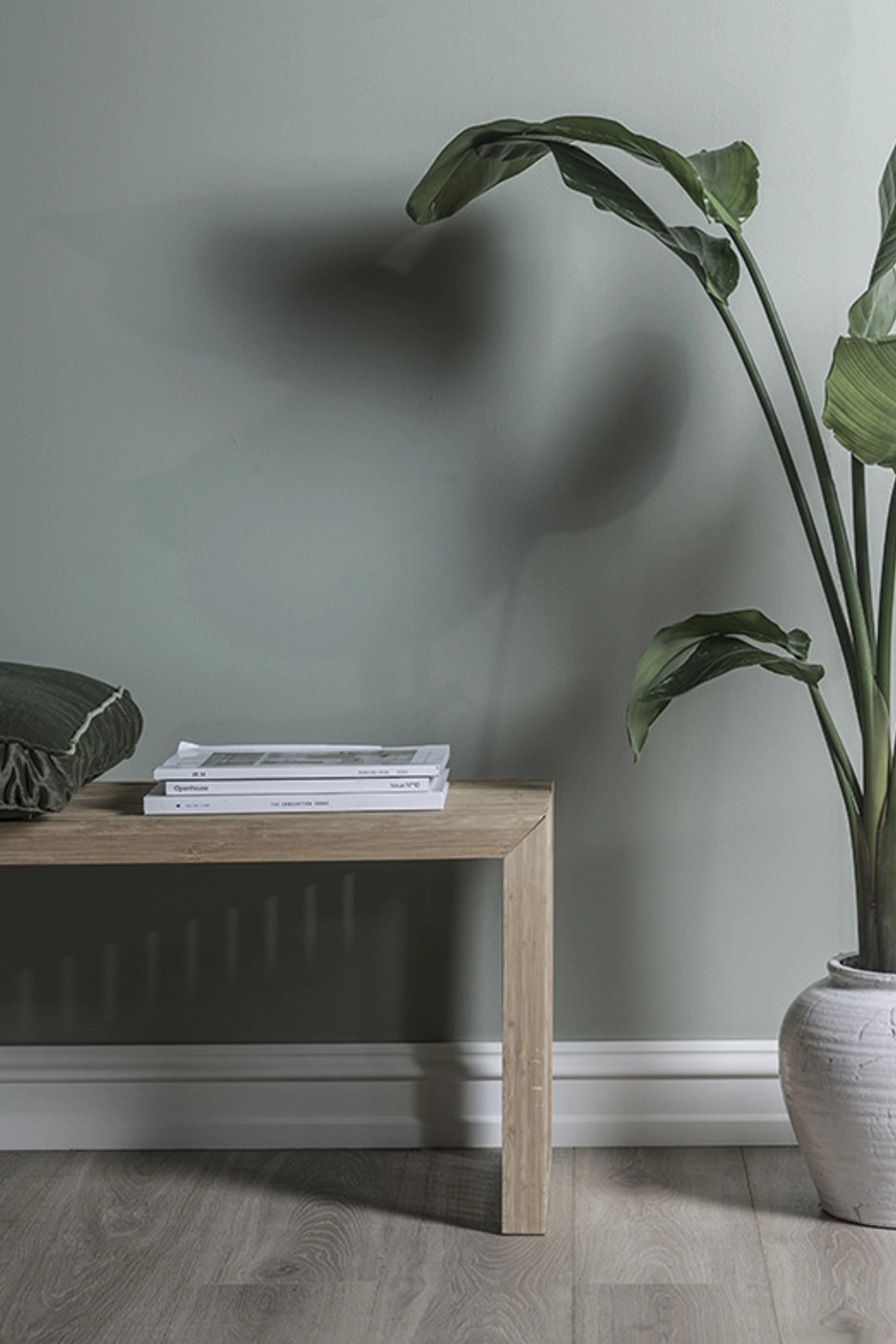 Lys grågrøn væg med træbænk, bøger og stor grøn potteplante. Rummet er indrettet i naturlige materialer og afdæmpede farver.