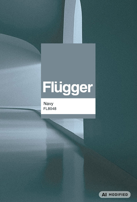 Flügger-farveprøven Navy (FL8048) vises i et minimalistisk miljø med kølige blågrønne nuancer og bløde, geometriske former.