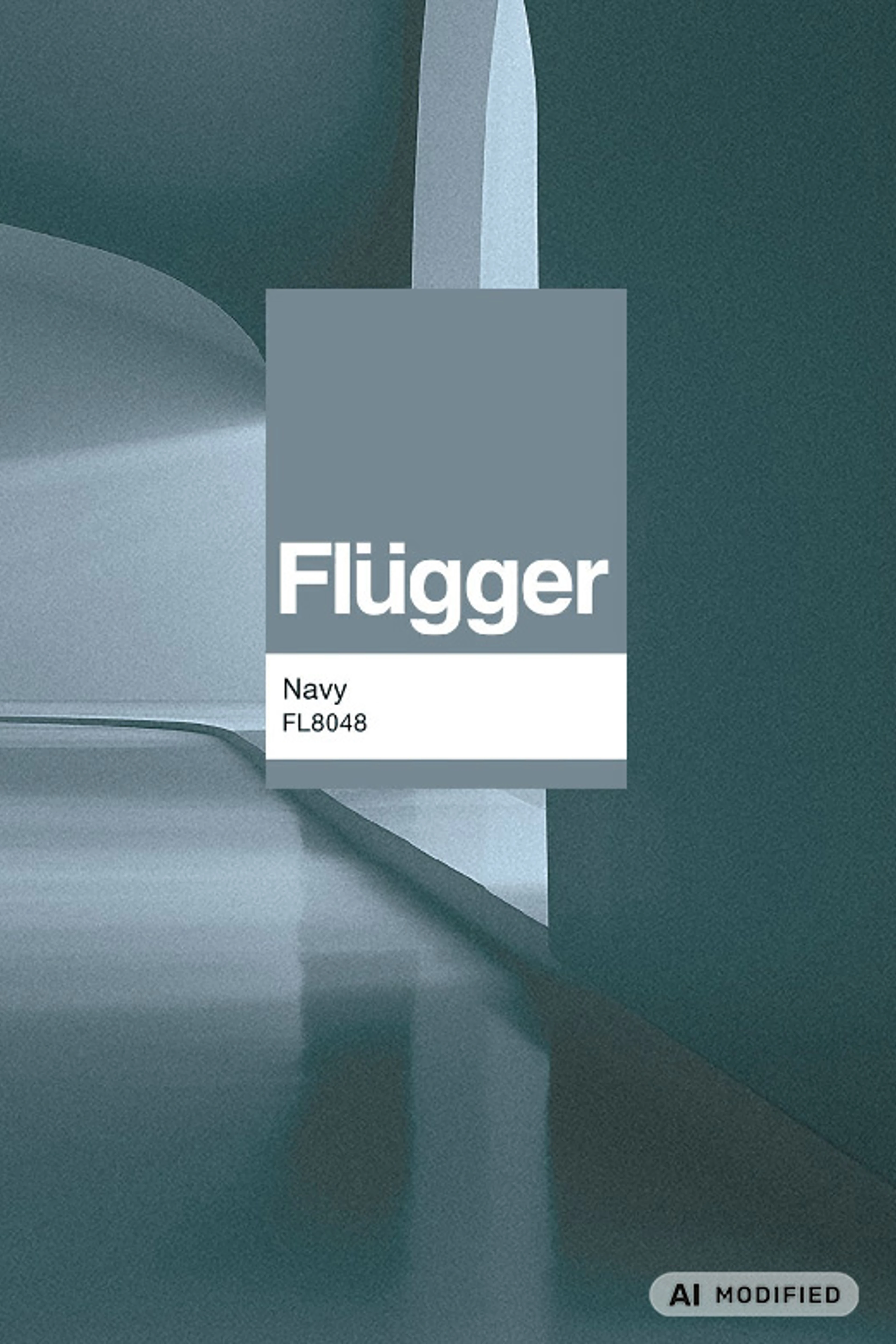 Flügger-farveprøven Navy (FL8048) vises i et minimalistisk miljø med kølige blågrønne nuancer og bløde, geometriske former.