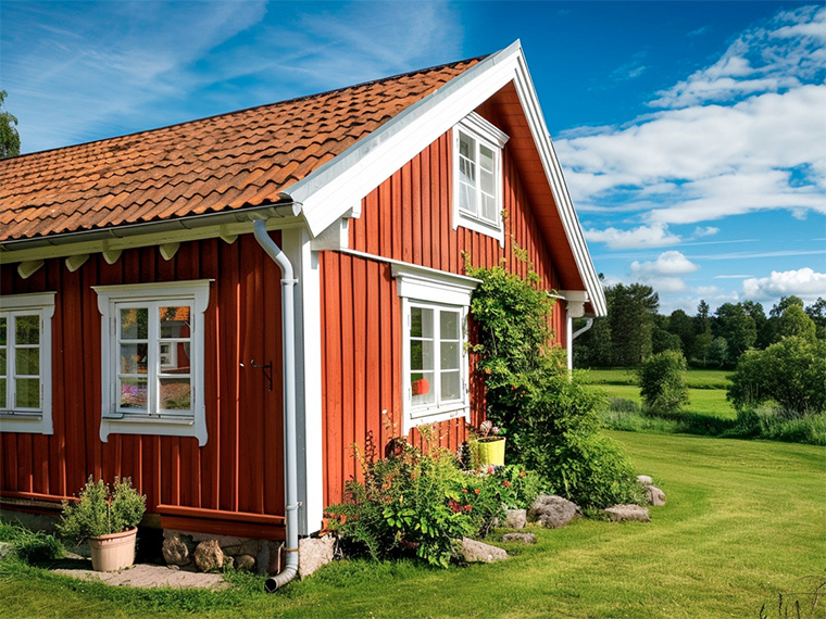 Rødmalet træhus med hvide vinduesrammer og gavldetaljer. Facaden er omgivet af grøn have og beplantning, som fremhæver husets klassiske nordiske udtryk og malede træværk.