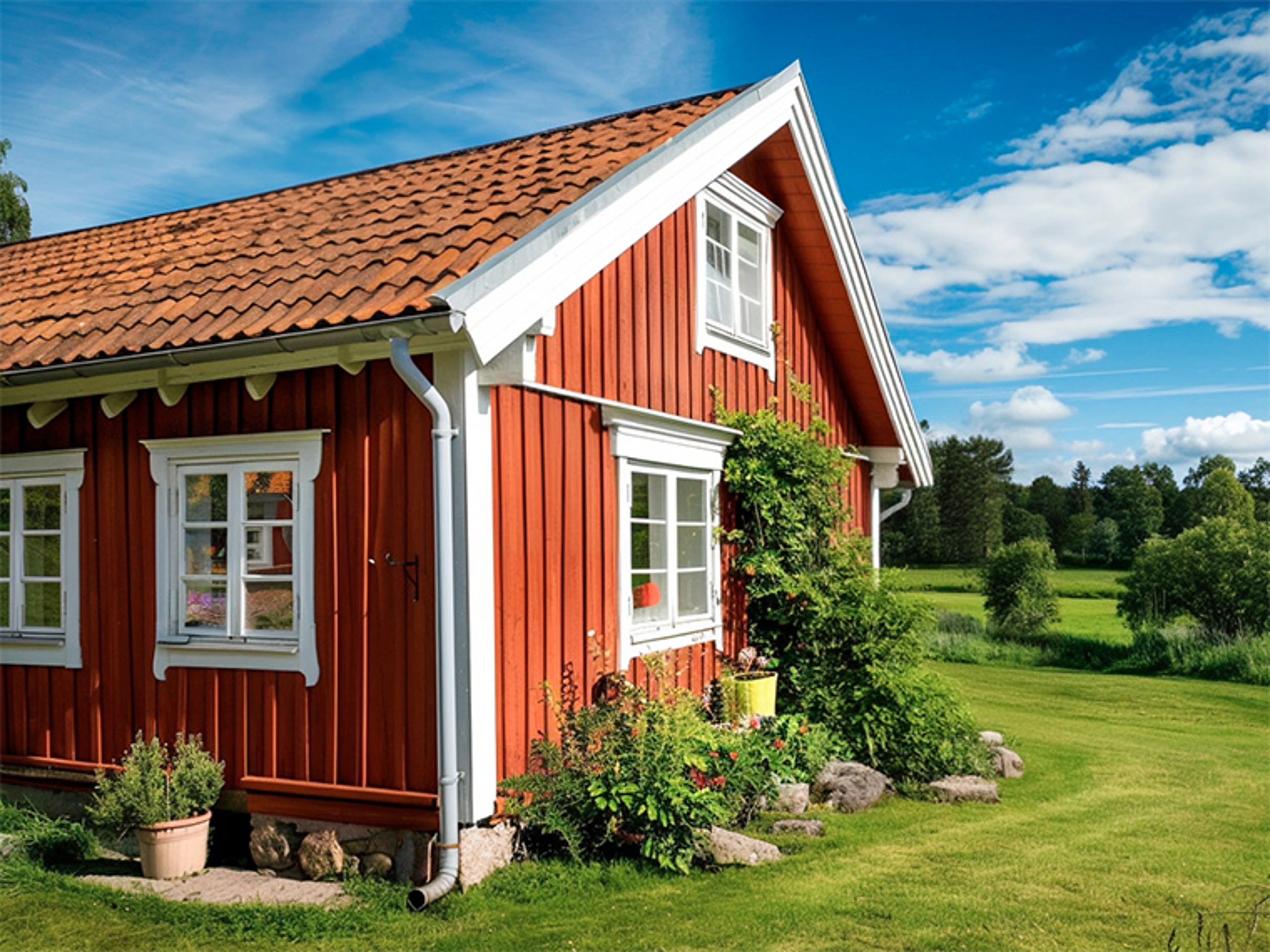Rødmalet træhus med hvide vinduesrammer og gavldetaljer. Facaden er omgivet af grøn have og beplantning, som fremhæver husets klassiske nordiske udtryk og malede træværk.