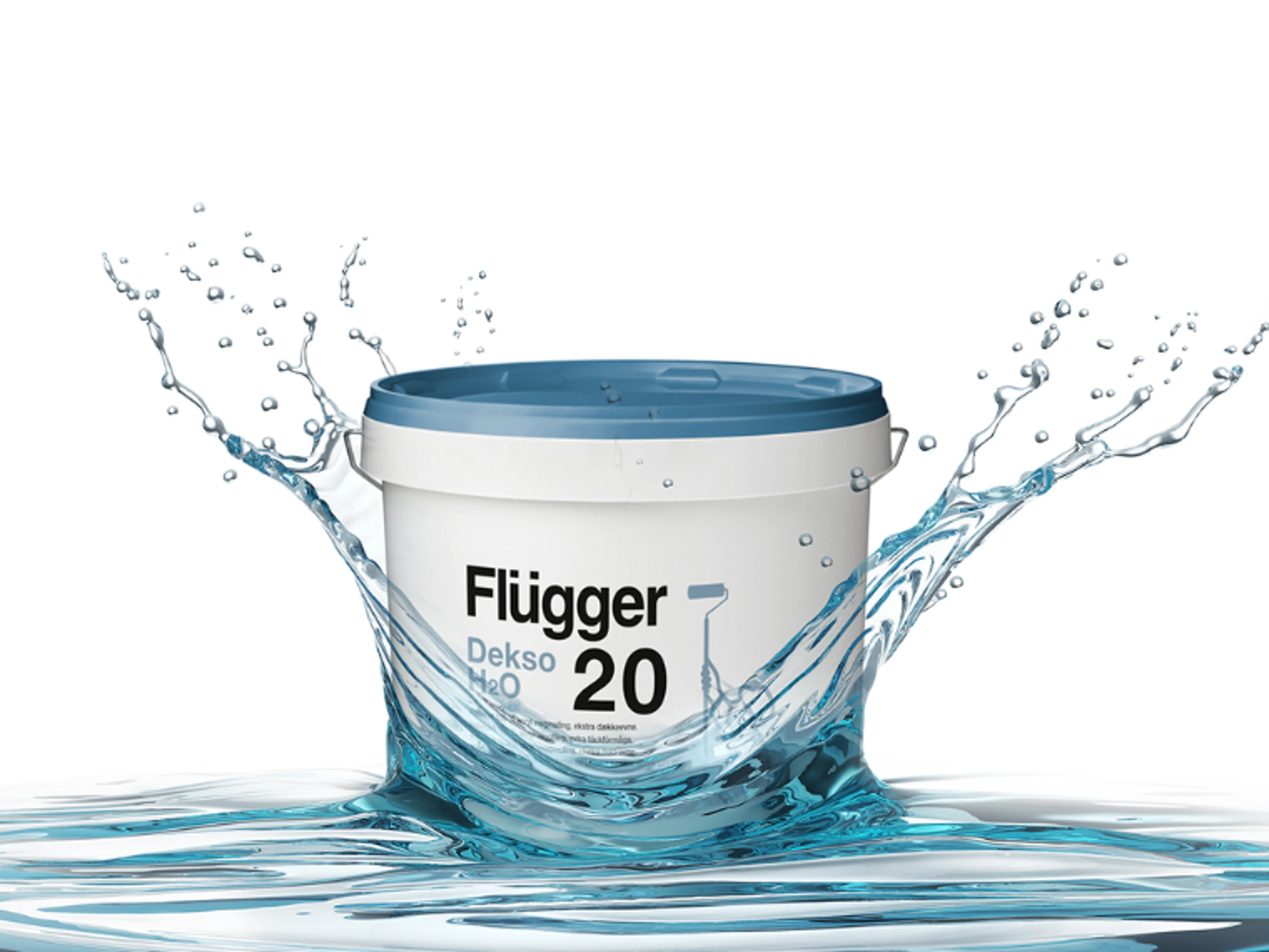 Malingsspann fra Flügger Dekso H2O som kastes ned i vann med en spruteeffekt.