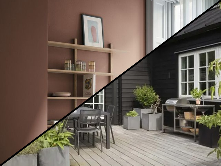 Sammenligning af indendørs vægmaling og udendørs træmaling med boliginteriør og træterrasse.