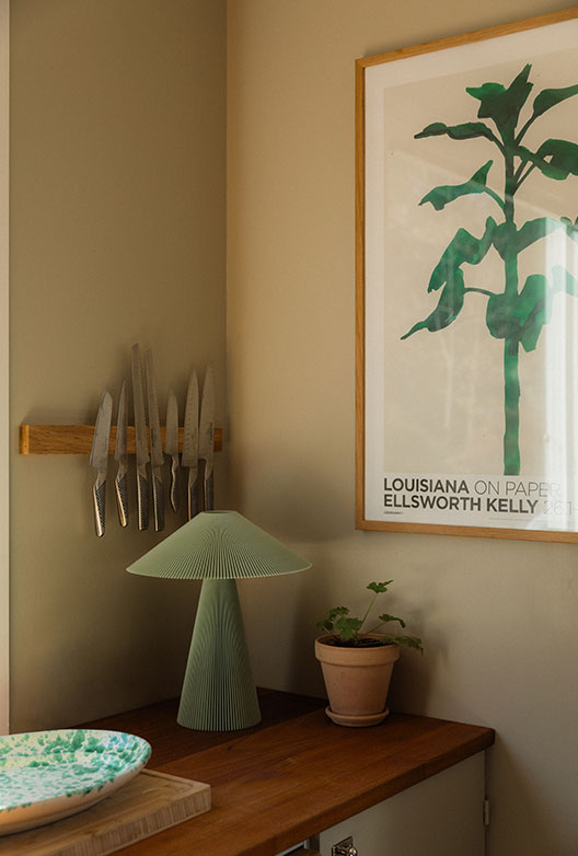 Kitchen corner with sand-coloured walls, a green table lamp and a poster of a green plant.