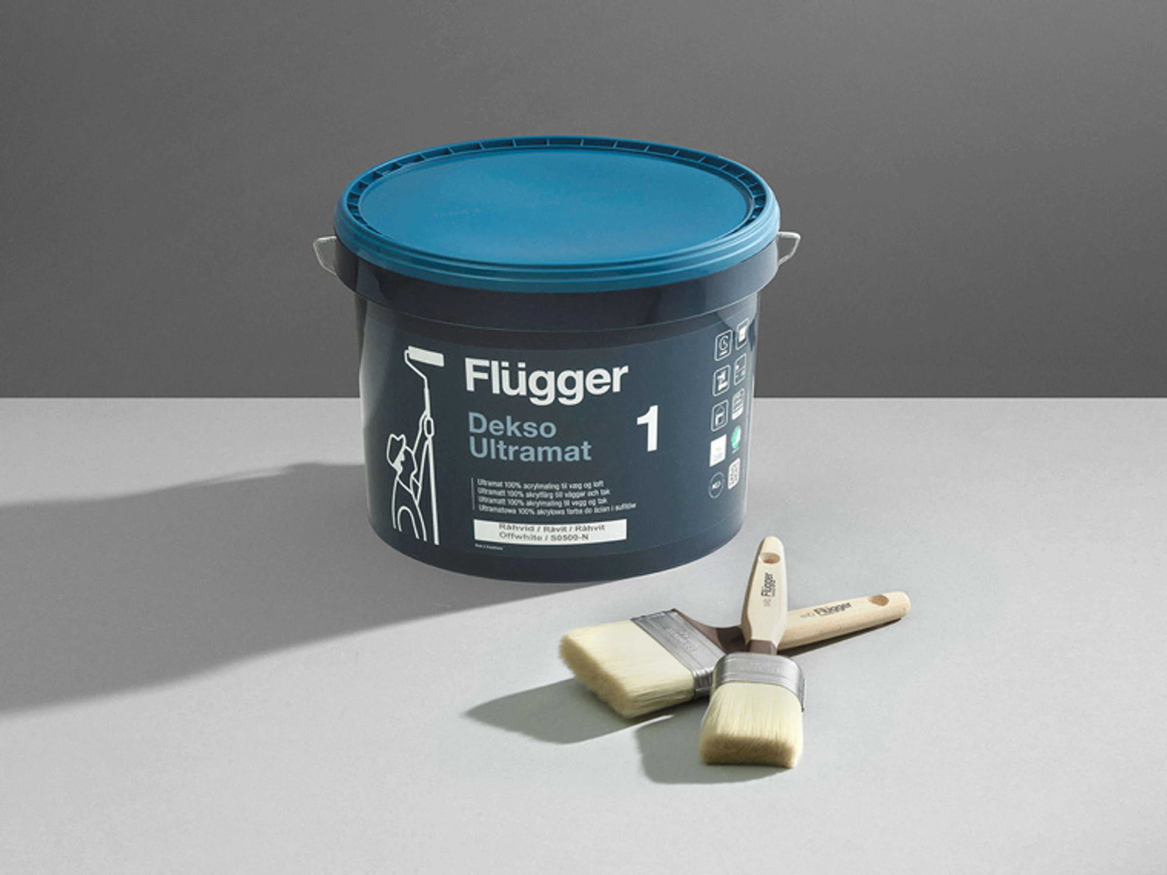 Image of Dekso 1 from Flügger and paint brushes on a grey table.