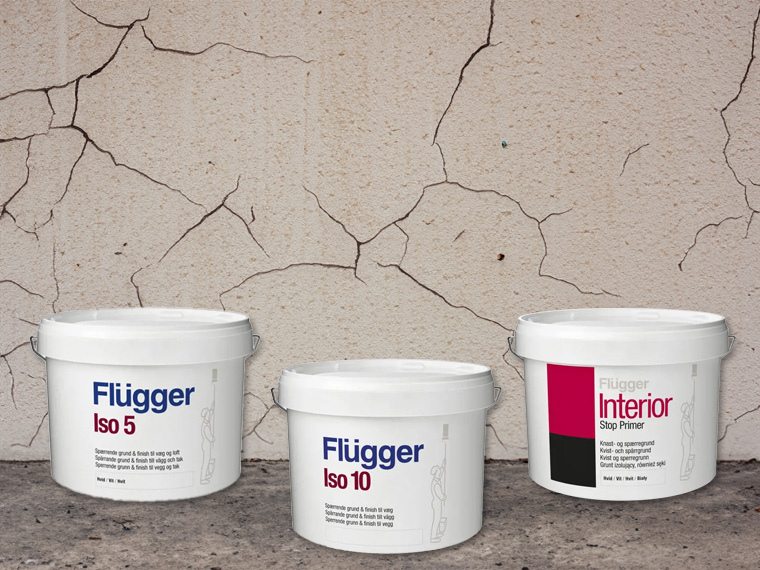 Billede af Flügger Iso 5, Iso 10 og Interior Stop Primer med en beige baggrund.