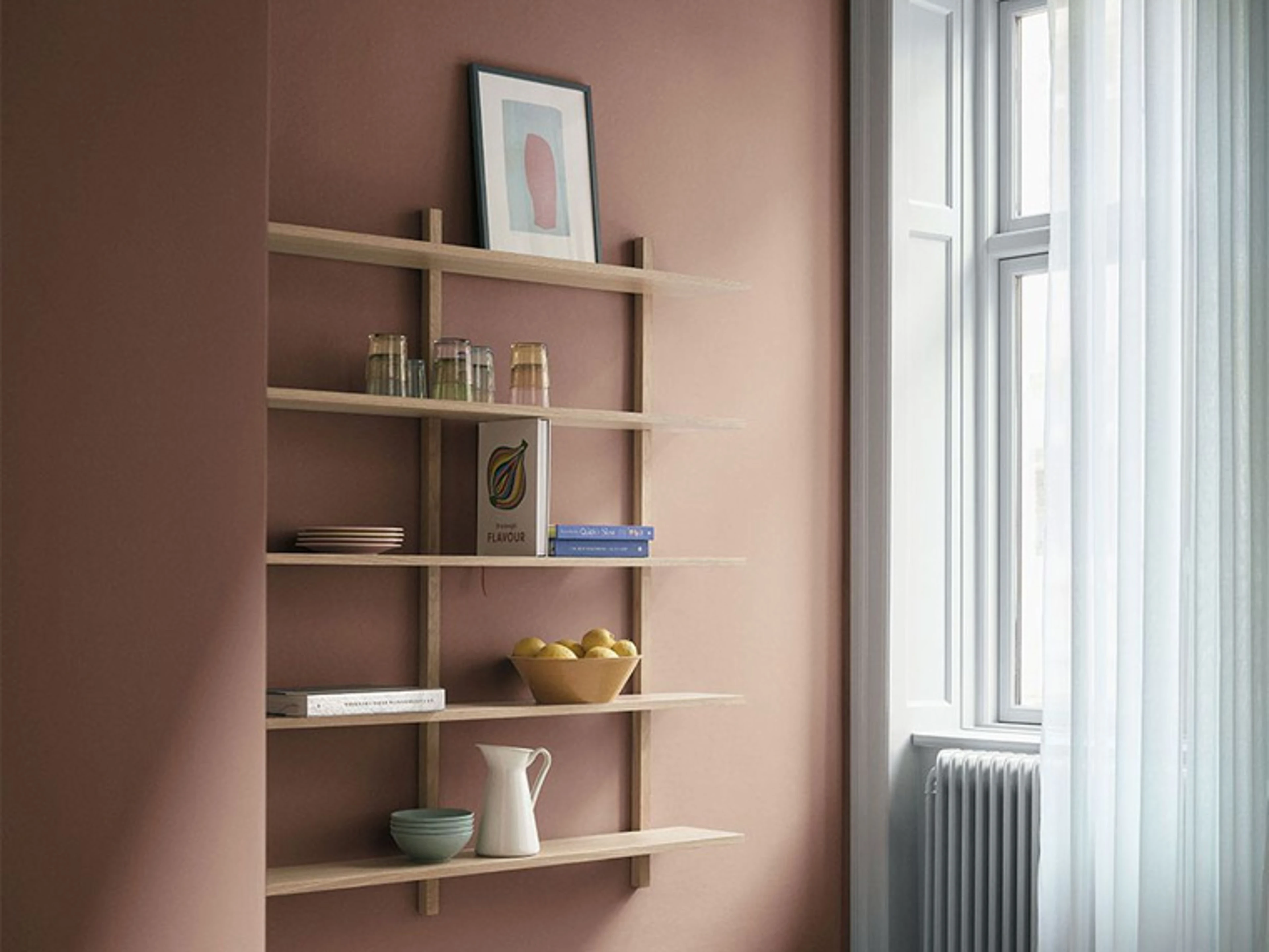 Corner of a bright room with walls painted in the warm terracotta colour Sienna FL8064. A light wooden shelf with books and ceramics, a large window with white curtains and light panels create an inviting and harmonious atmosphere.