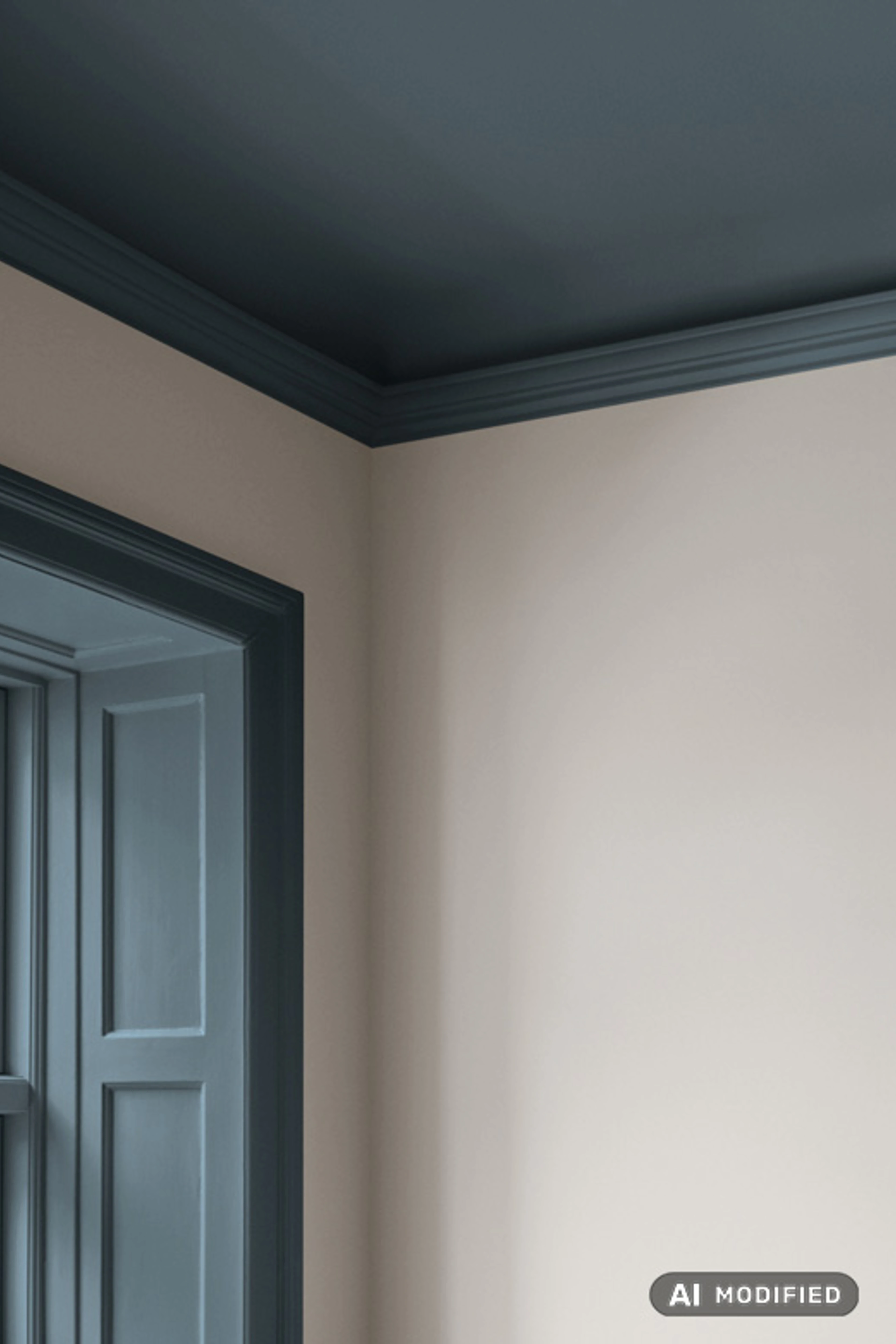 Vægge malet i farven Grey 02, og loft malet i farven Navy - begge fra Flügger. AI modificeret.
