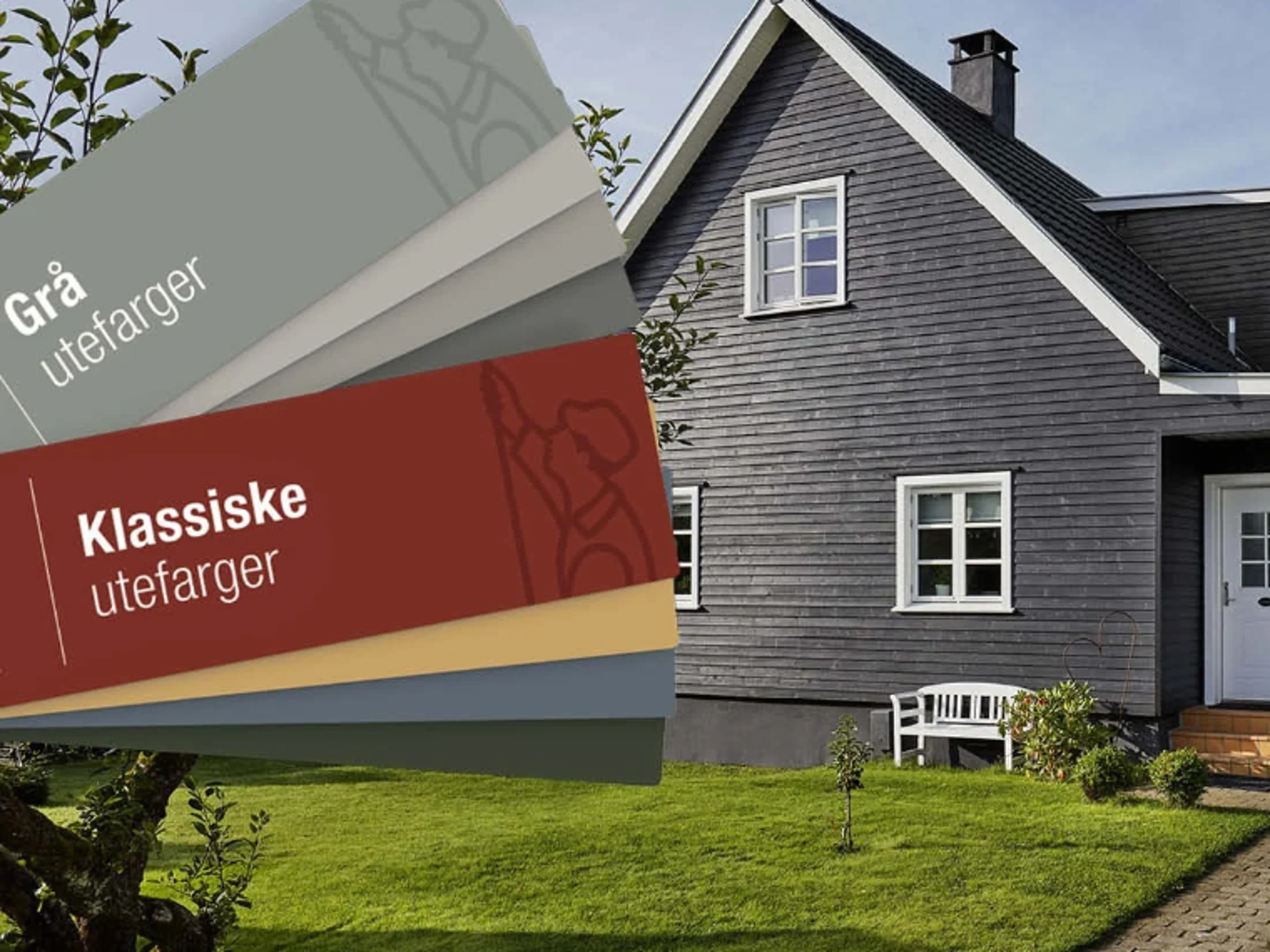 Mørkegrått trehus med hvite vindusrammer og en grønn gressplen, med Flügger-fargekart for «Grå utefarger» og «Klassiske utefarger» i forgrunnen.