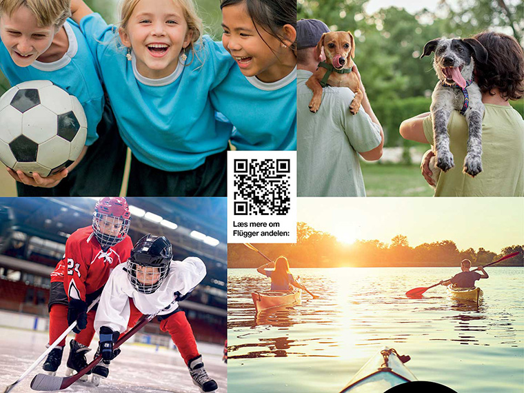 Kollage med fire fritidsaktiviteter: børn med en fodbold, personer der holder hunde, ishockeyspillere på isen og kajakroere på en sø ved solnedgang. I midten ses en QR-kode med teksten "Læs mere om Flügger andelen".