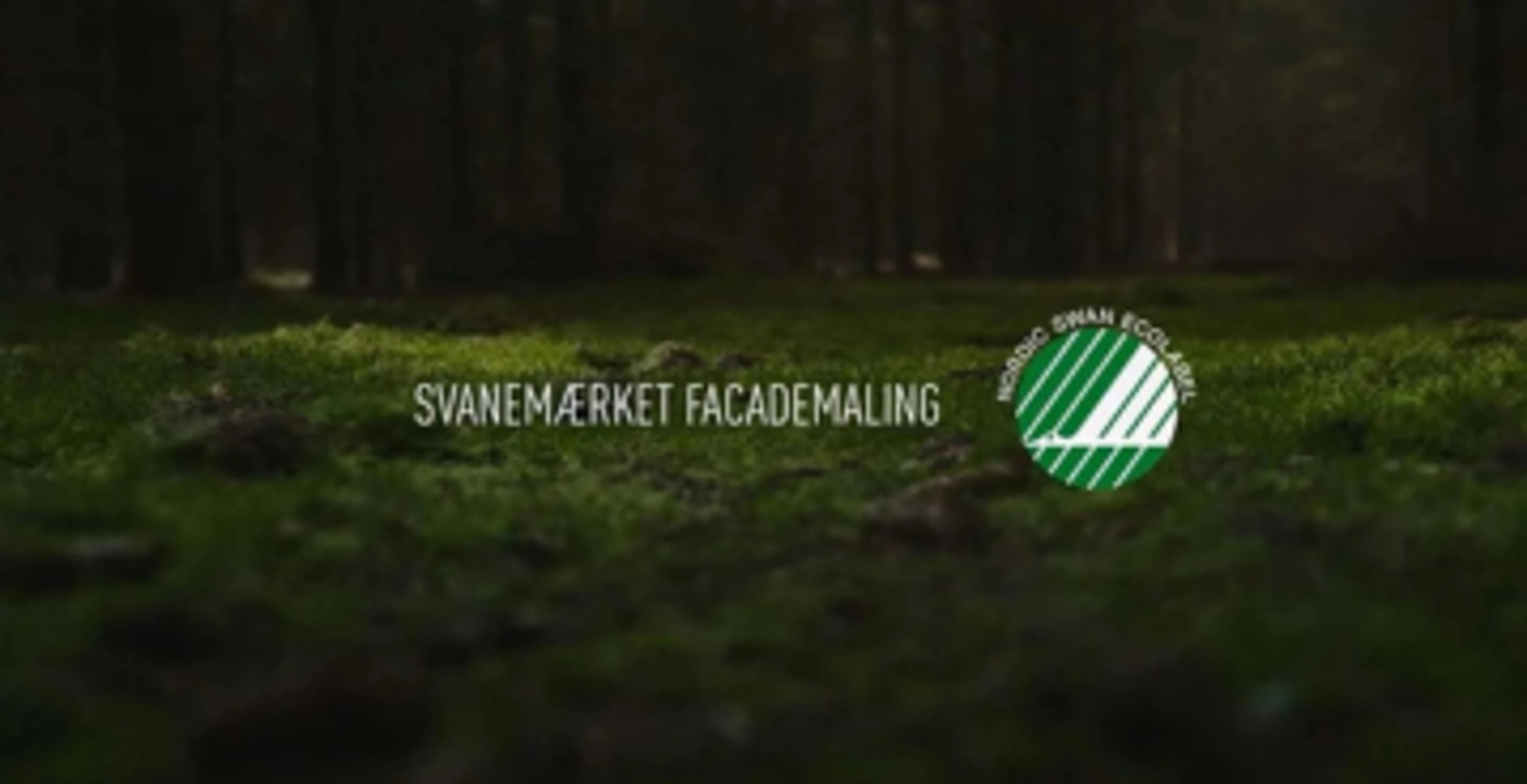 Svanenmärket och texten ”Svanenmärket i fasadfärg” mot en frodig, grön skog.