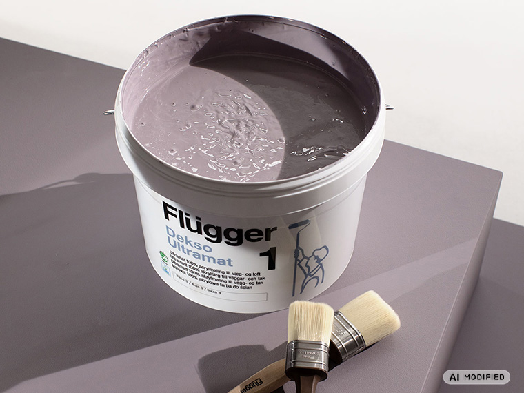 Spand med Flügger Dekso Ultramat maling tonet i farven Kind Purple (FL8057) står på en malet overflade sammen med to pensler. Malingens lilla nuance er synlig i den åbne spand.