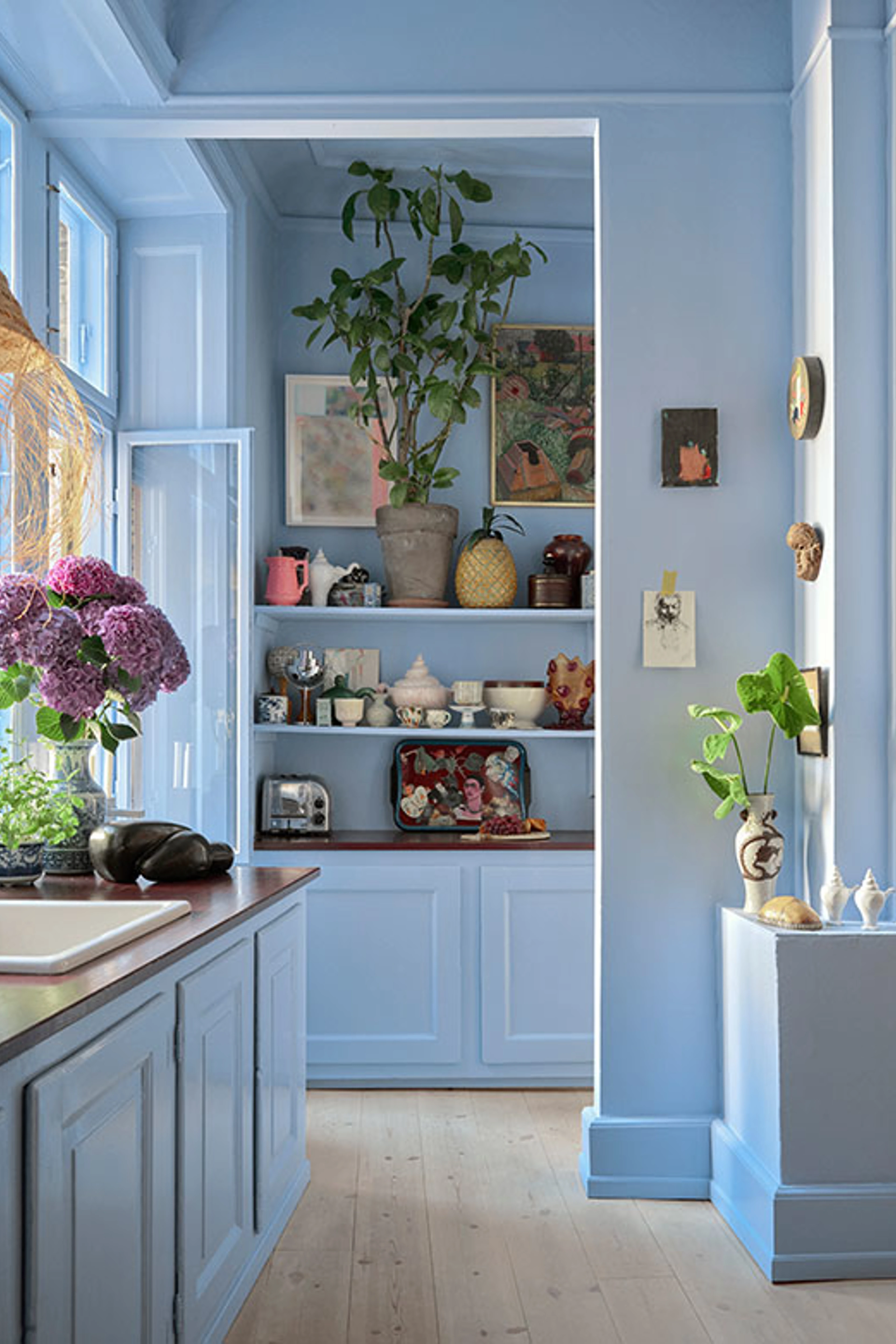 Lyseblåt køkken og opholdsrum med åbne hylder, planter, kunst og dekorative genstande. Rummet er gennemført i en blød blå nuance med masser af dagslys.