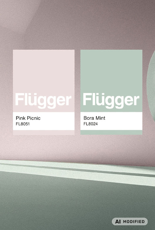 To Flügger-farveprøver med farverne Pink Picnic (FL8051) og Bora Mint (FL8024) vises på en stiliseret baggrund i lyserøde og mintgrønne nuancer.