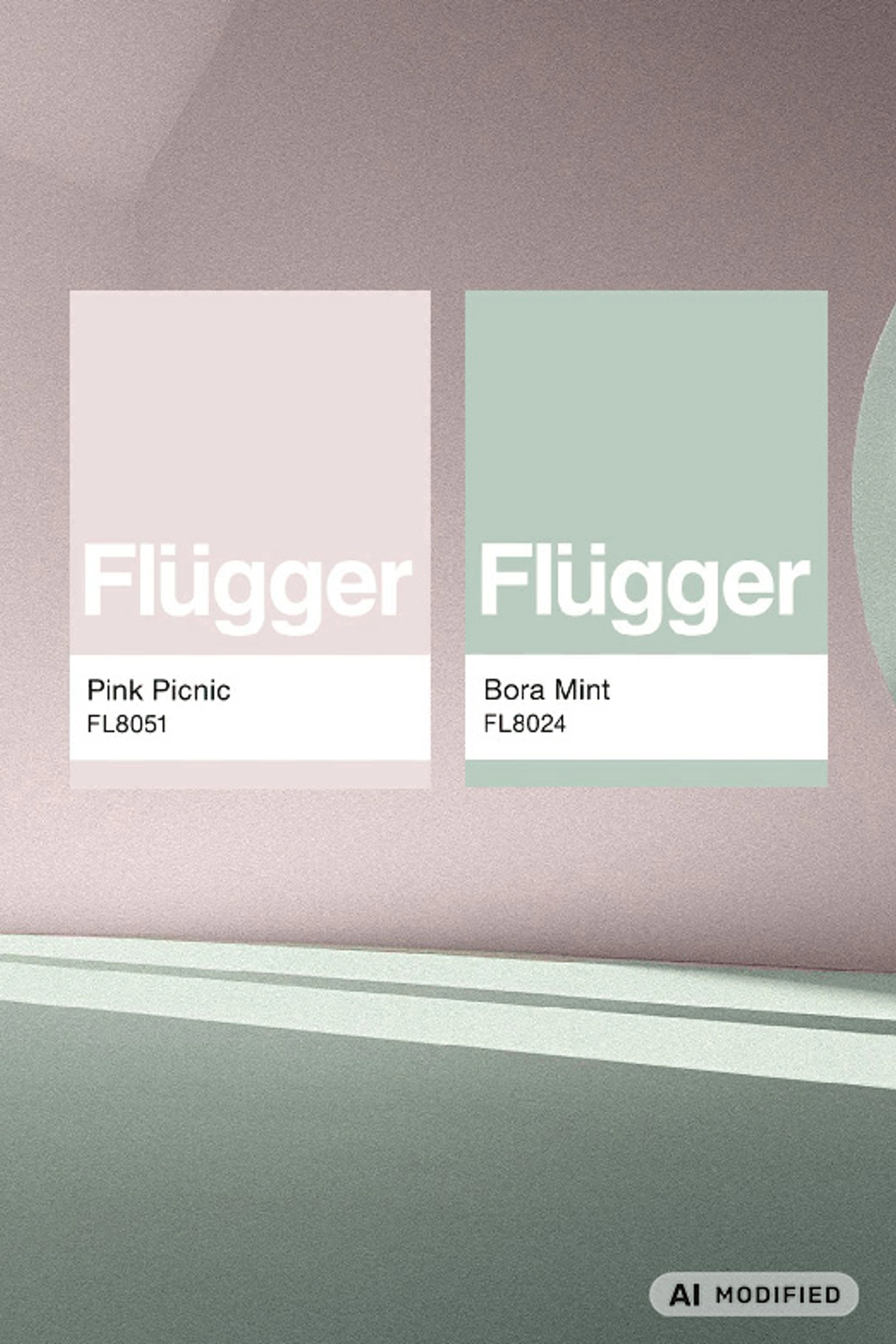 To Flügger-farveprøver med farverne Pink Picnic (FL8051) og Bora Mint (FL8024) vises på en stiliseret baggrund i lyserøde og mintgrønne nuancer.