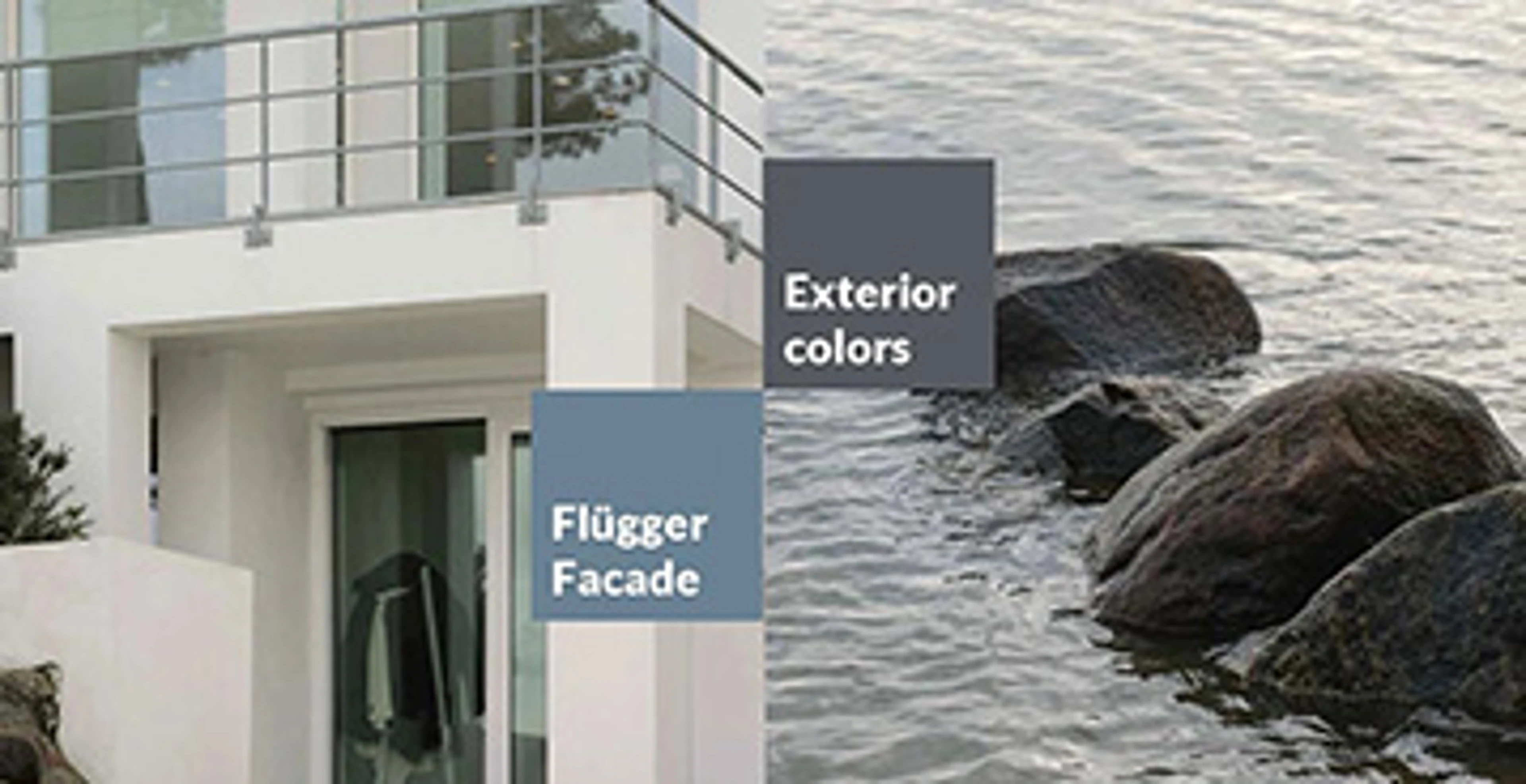 Moderne hvid facade med altan og store glaspartier ved kysten. Billedet viser også klipper i havet samt teksten "Flügger Facade" og "Exterior colors".