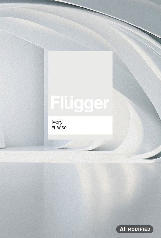 Flügger-farveprøven Ivory (FL8050) vises i et lyst, minimalistisk rum med hvide, buede arkitektoniske former.