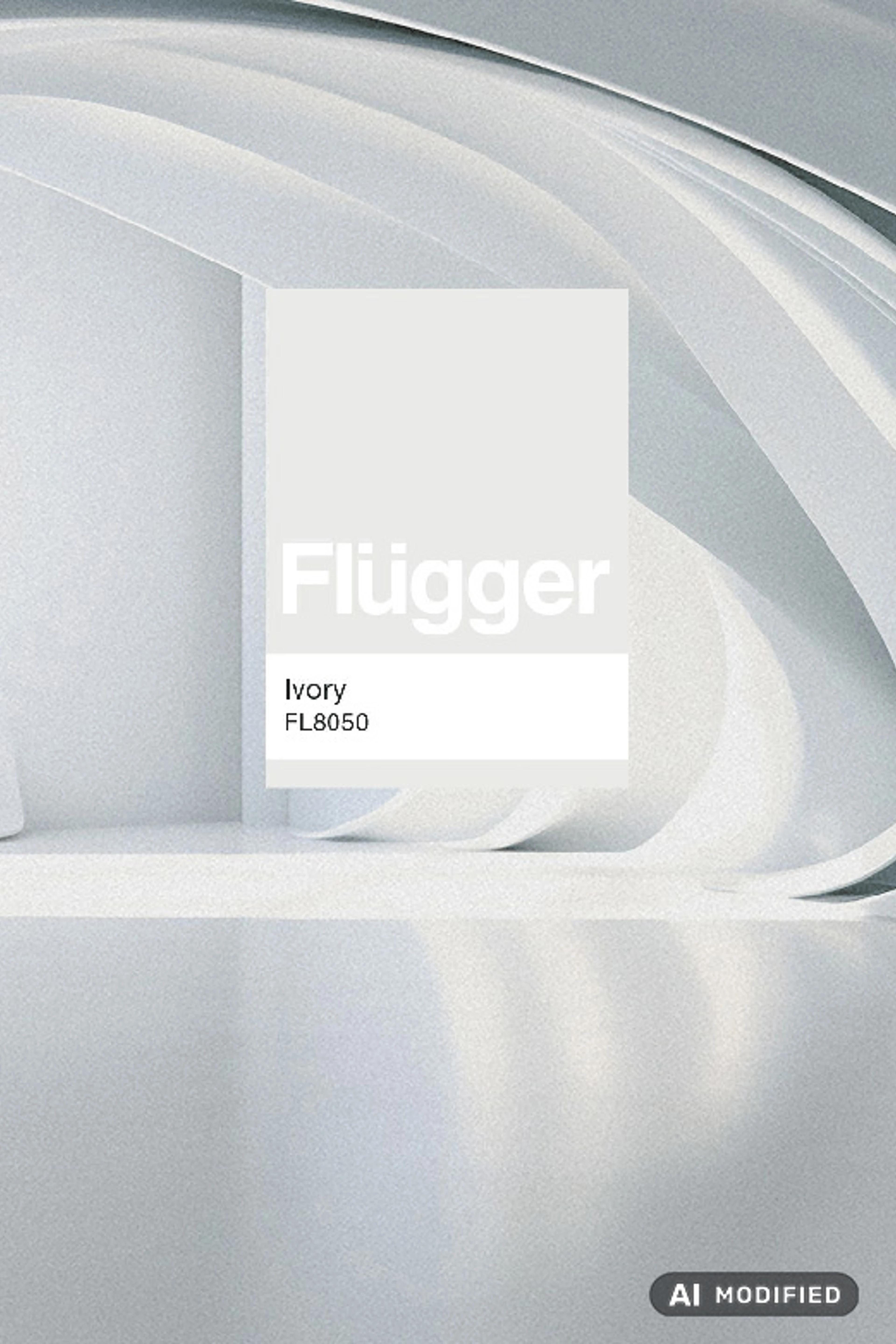Flügger-farveprøven Ivory (FL8050) vises i et lyst, minimalistisk rum med hvide, buede arkitektoniske former.