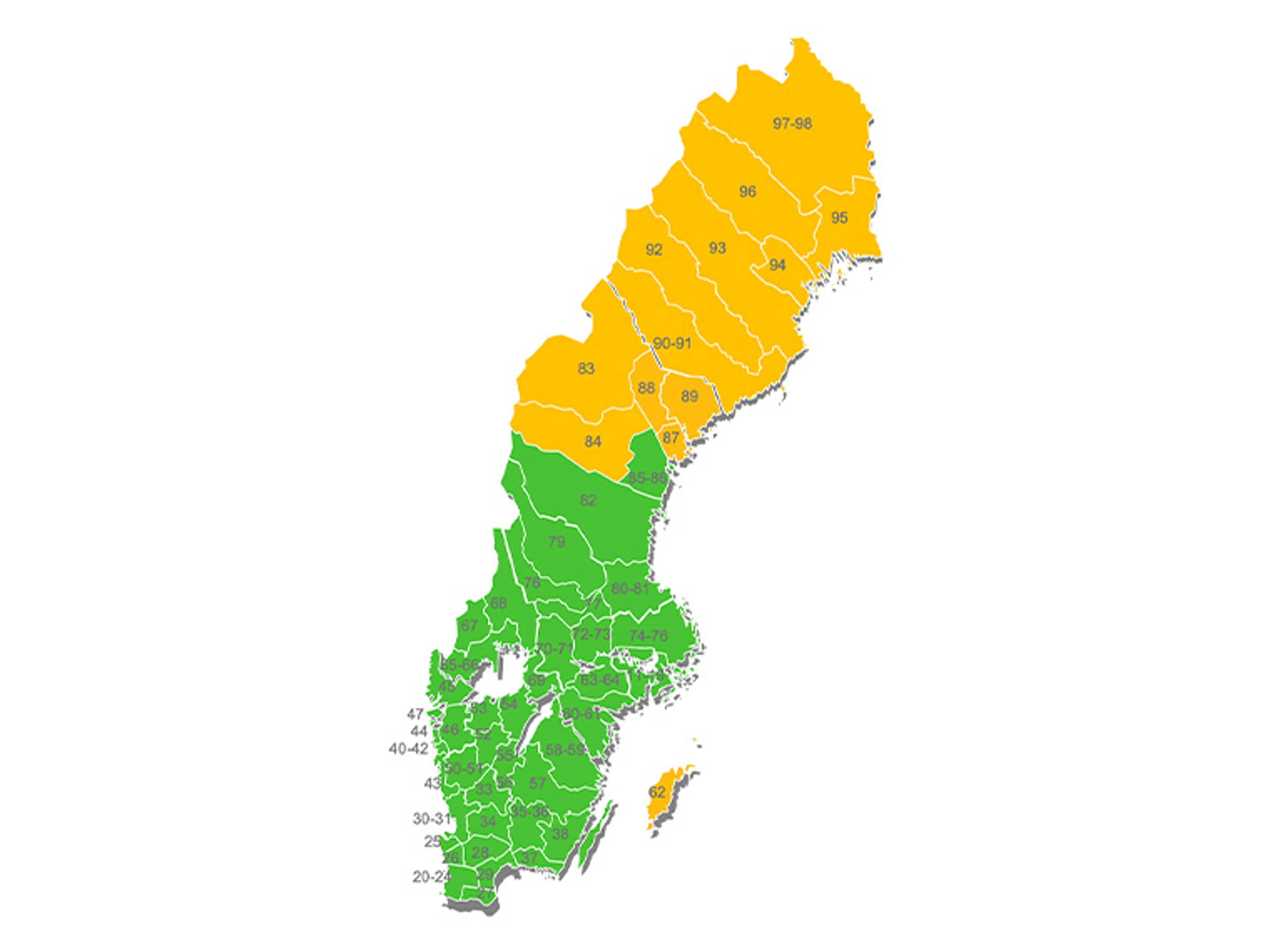 Kort over Sverige hvor kommunerne er inddelt i farver grøn og gul afhængig af leveringstid.