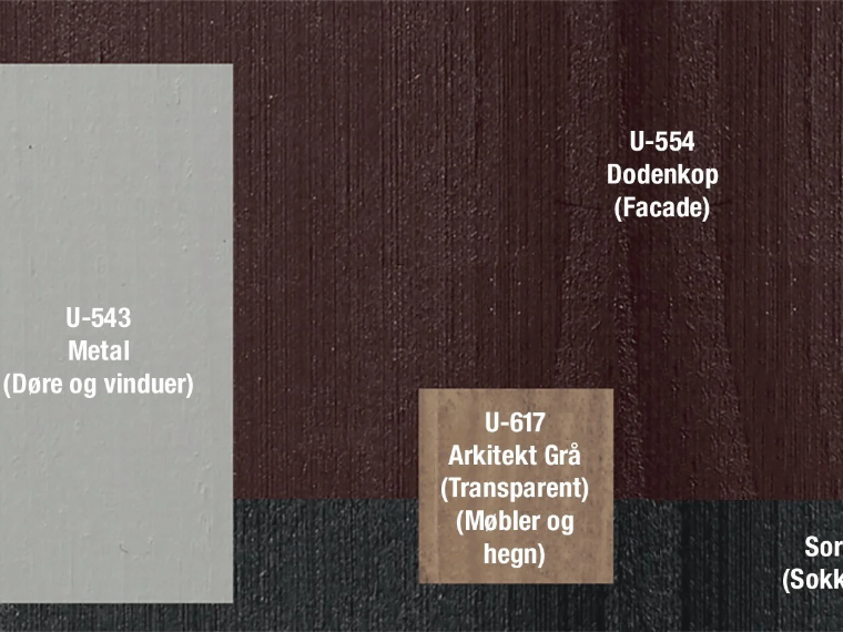 Fargeskjema for en trefasade: U-554 Dodenkop (fasade), U-543 Metal (dører og vinduer), U-617 Arkitekt Grå, transparent (møbler og gjerder) og en mørk nyanse til sokkel.