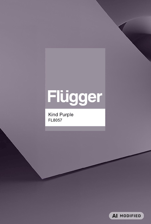 Flügger-farveprøven Kind Purple (FL8057) vises på en baggrund med geometriske former i afdæmpede lilla nuancer.