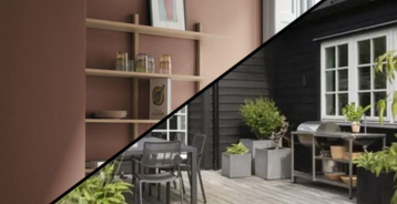 Indendørs væg i varm rosa farve og udendørs terrasse ved sortmalet træfacade vist side om side i et diagonalt opdelt billede.