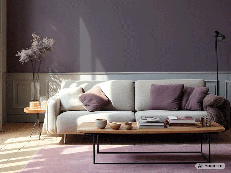 Stue med væg malet i Flügger-farven Kind Purple (FL8057), lys sofa med puder i lilla nuancer, sofabord i træ og sorte metalben samt blødt dagslys, der falder ind gennem vinduet.