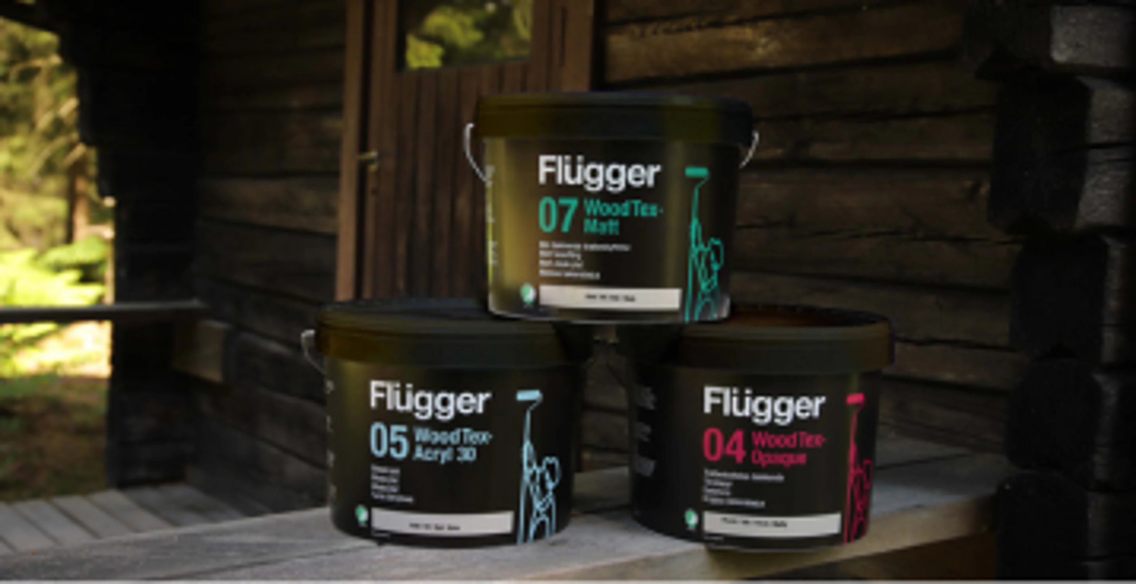 Three buckets of Wood Tex wood protection, namely Wood Tex 04, Wood Tex 05 and Wood Tex 07.