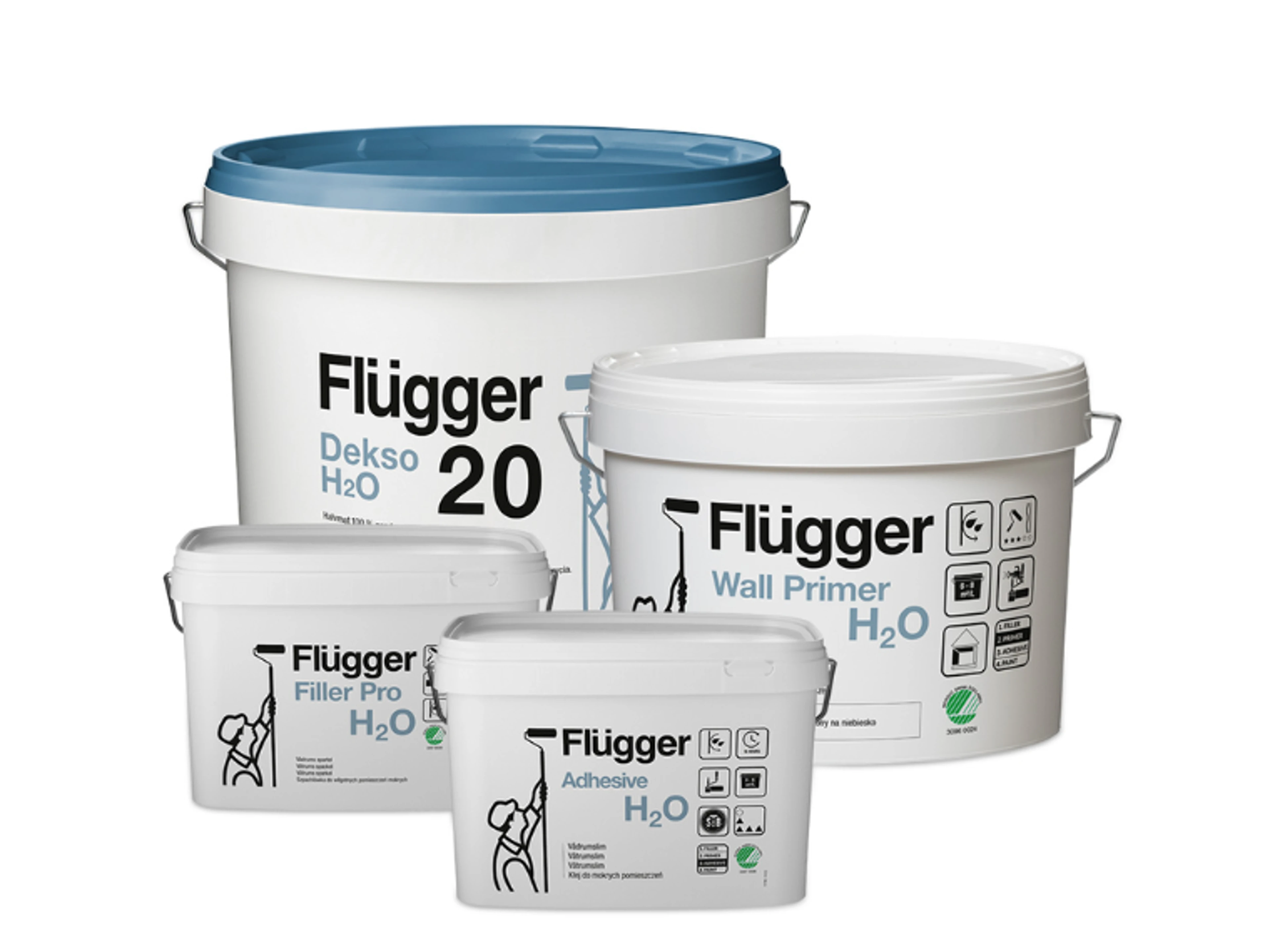 Flügger Dekso H2O-produkter sammen med de ulike produktene som trengs til våtromsmaling.