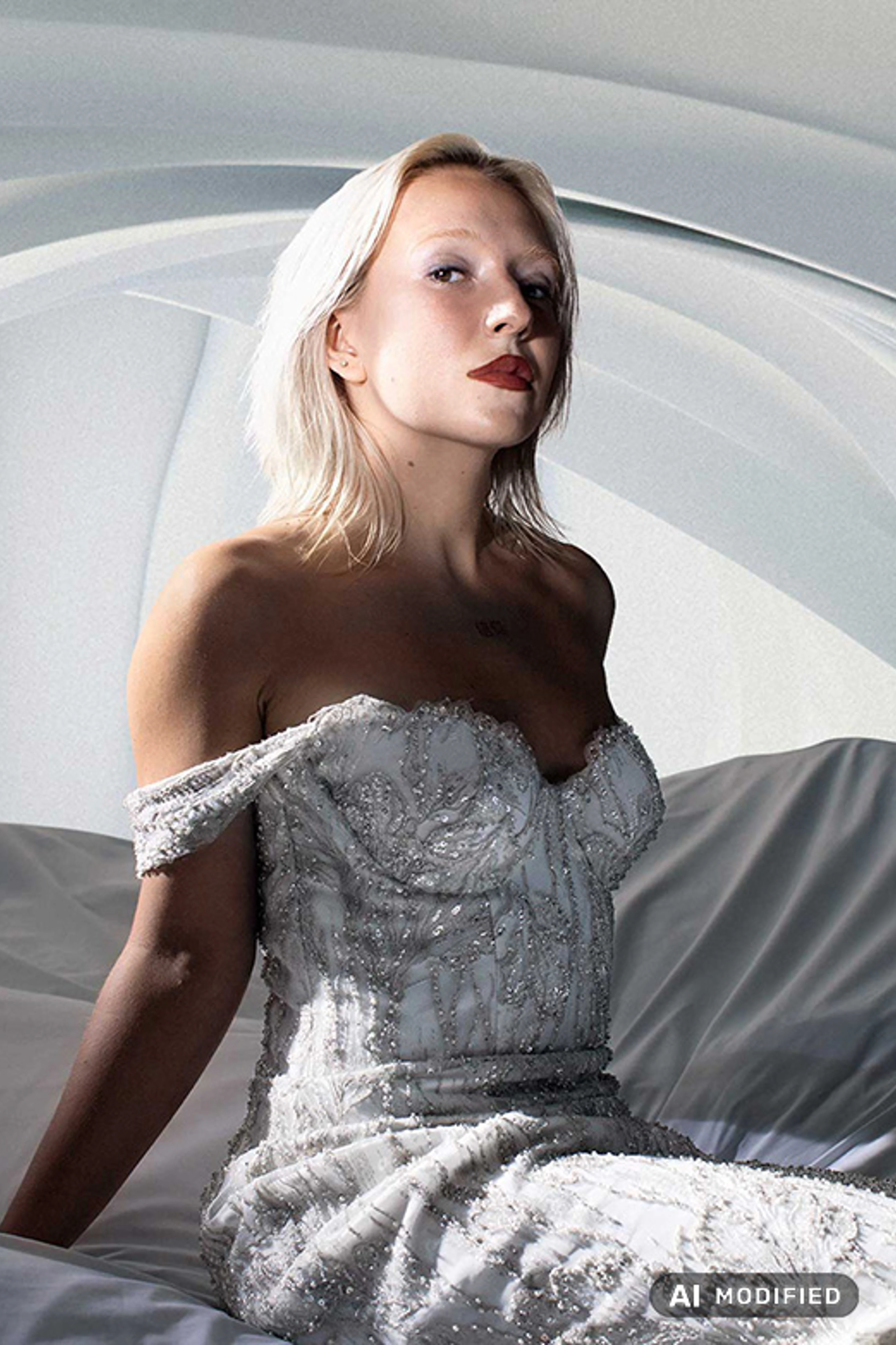 Person i en perleudsmykket, off-shoulder kjole sidder på en seng i et lyst, minimalistisk rum med buede arkitektoniske former i baggrunden.
