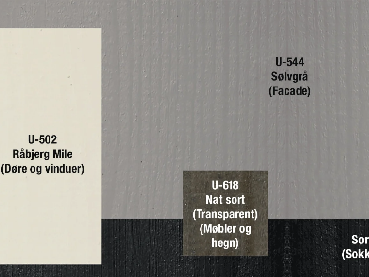 Fargeskjema for en trefasade: U-544 Sølvgrå (fasade), U-502 Råbjerg Mile (dører og vinduer), U-618 Nat sort, transparent (møbler og gjerder) og en mørk nyanse til sokkel.