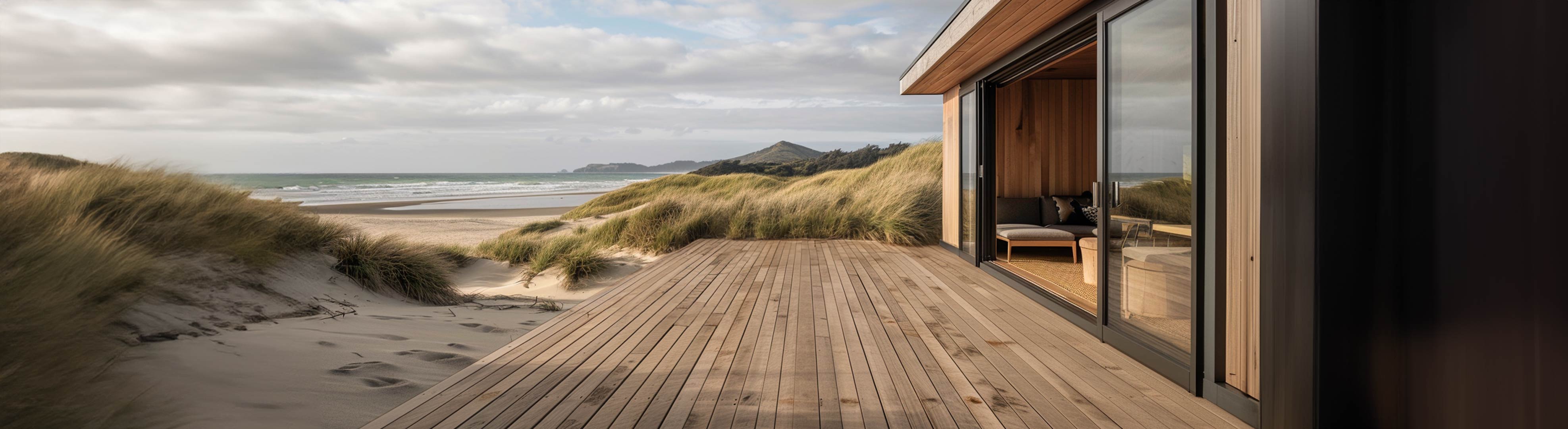 Træterrasse ved moderne kysthus omgivet af klitter og marehalm med udsigt til strand og hav.