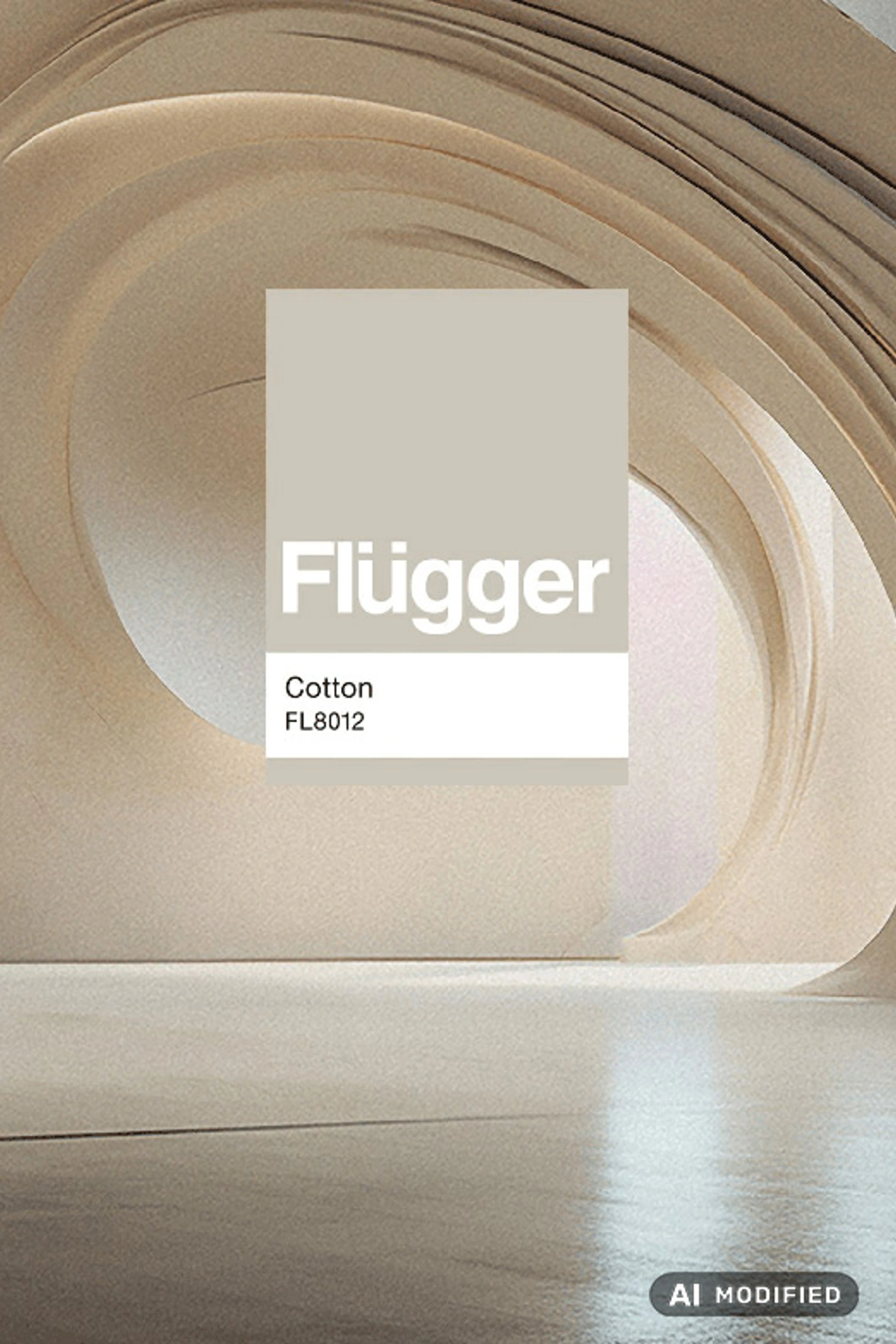 Flügger-farveprøven Cotton (FL8012) vises foran en baggrund med bløde, buede arkitektoniske former i varme beige og sandfarvede nuancer.